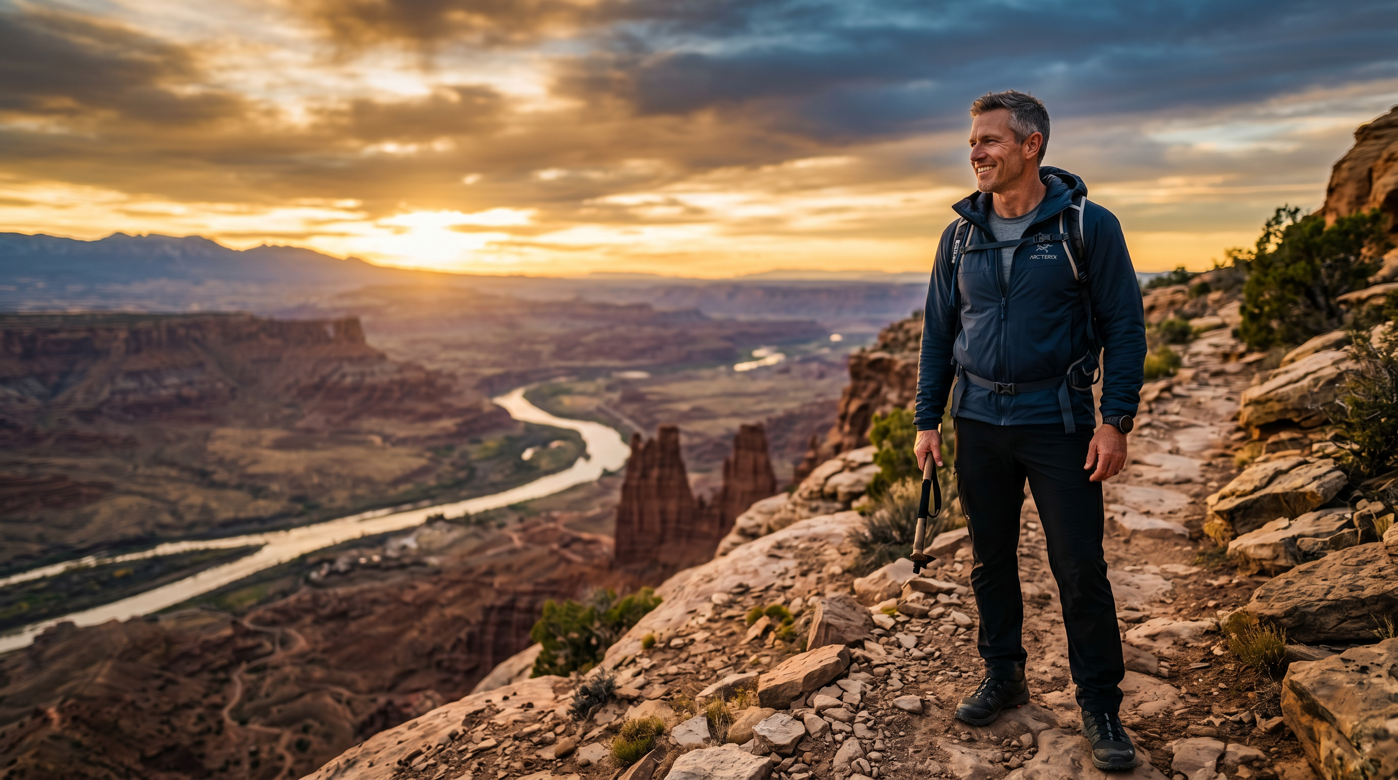 Energized man standing on Utah mountain ridge at golden hour